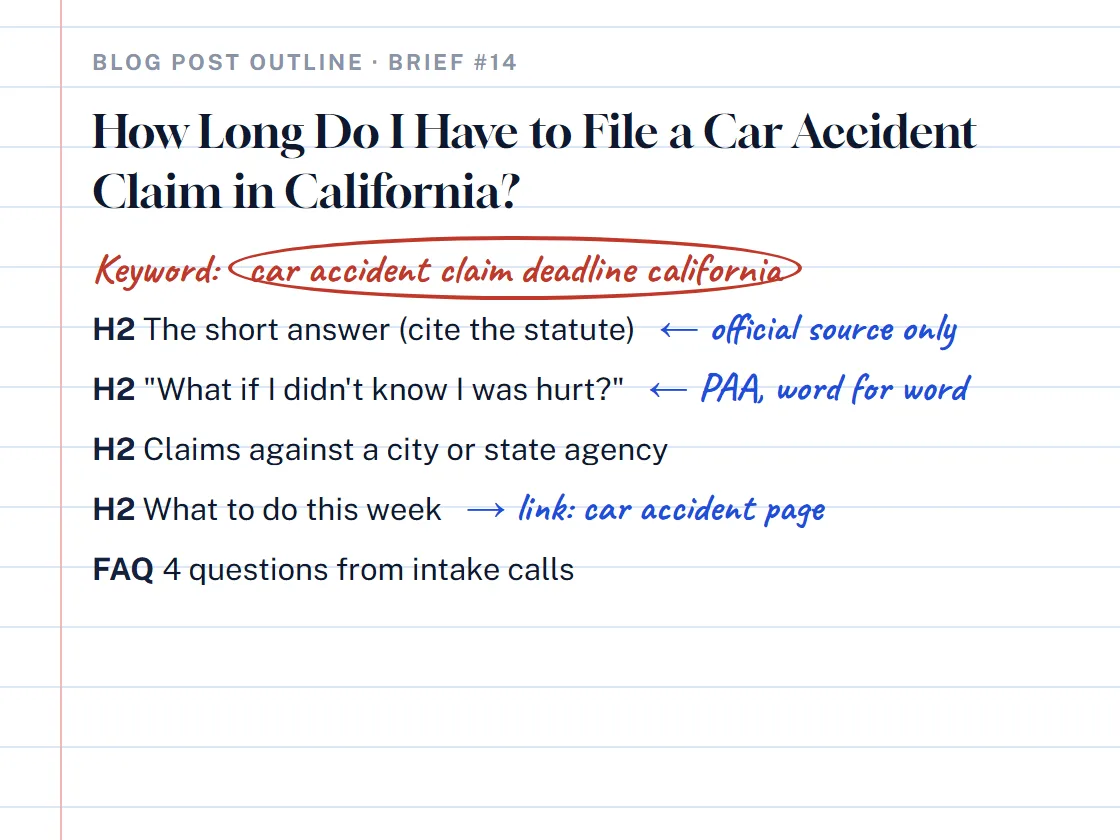 Law firm blog post outline marked up in red pen with notes on the target keyword, search intent and internal links