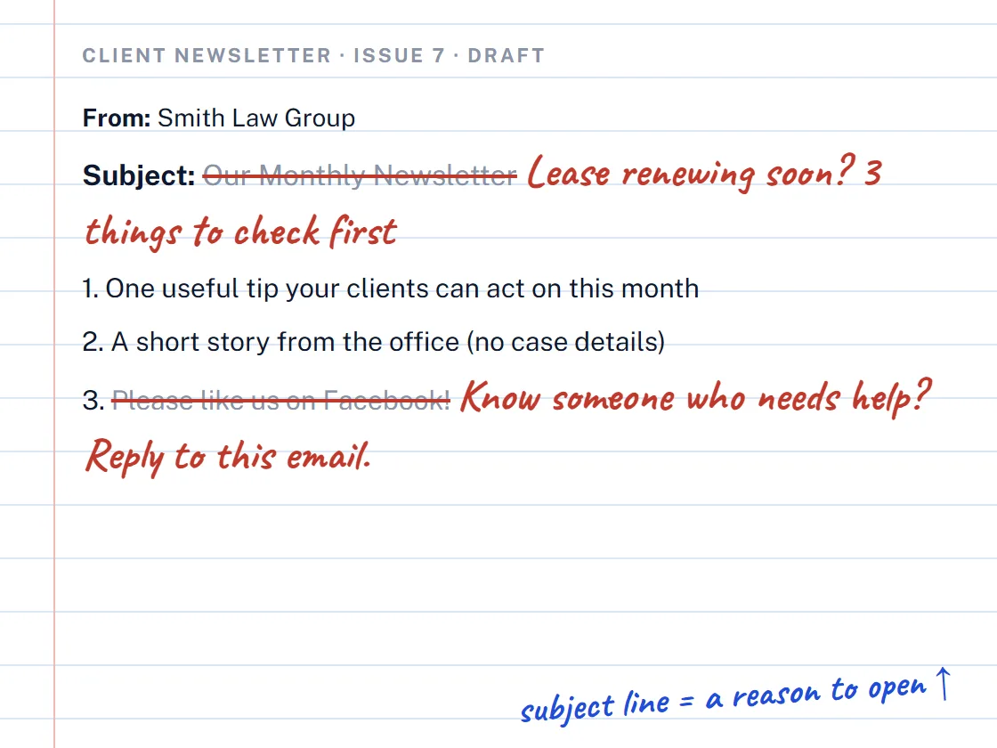 Draft of a law firm client newsletter with red-pen editing notes in the margins