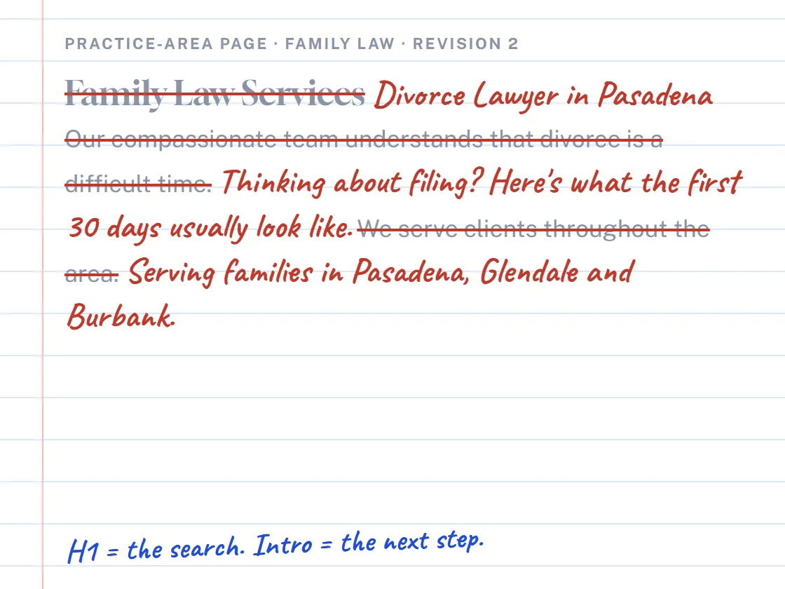 Section of a law firm practice-area page edited in red pen, with generic claims replaced by specific, local copy